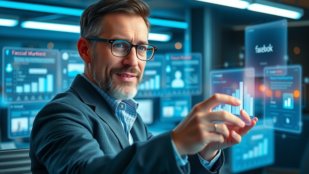 Business owner using futuristic digital interface for Facebook marketing planning, holographic charts, neon blue and silver workspace