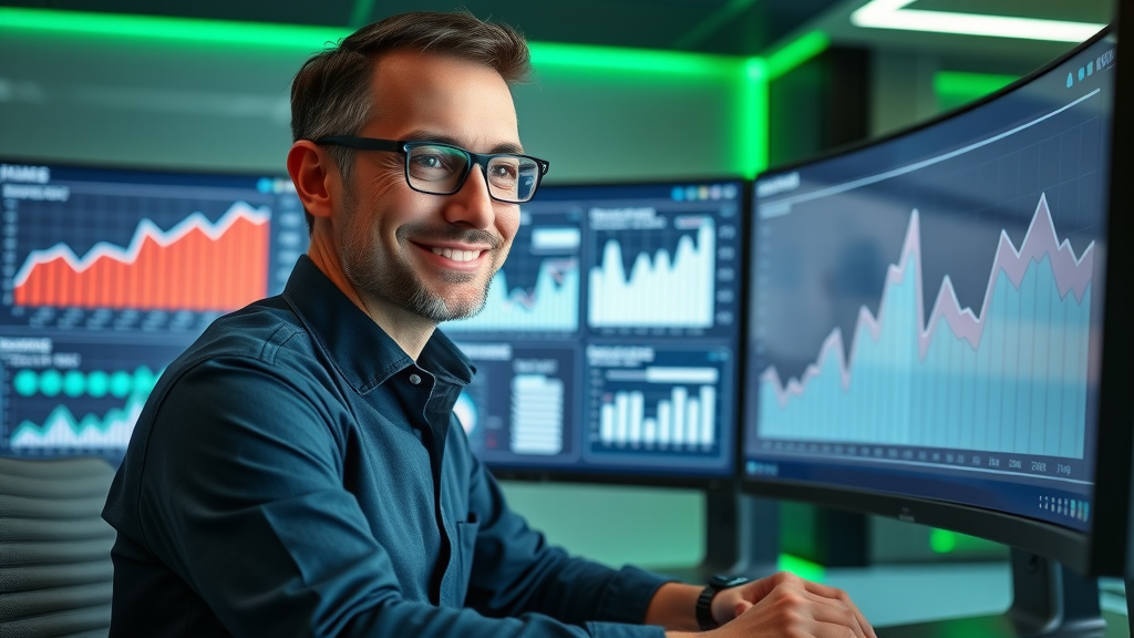 seo copywriting tips professional analyst reviewing positive analytics dashboard in modern workspace