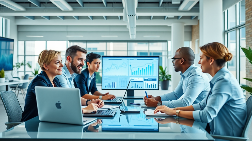 AI marketing tools team collaborating in a modern digital workspace