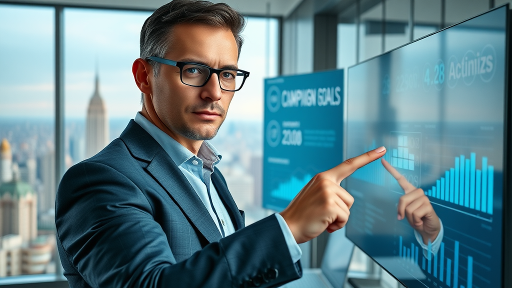 Marketing strategist setting paid social advertising objectives and KPIs on a digital dashboard