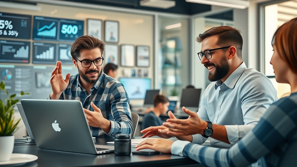 Dynamic small business office with energetic entrepreneurs collaborating with a chatbot interface for small business marketing, modern workspace, digital displays, natural daylight