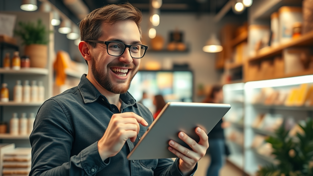 Small business owner working on a Facebook business page in their retail store setting for facebook strategies for small business