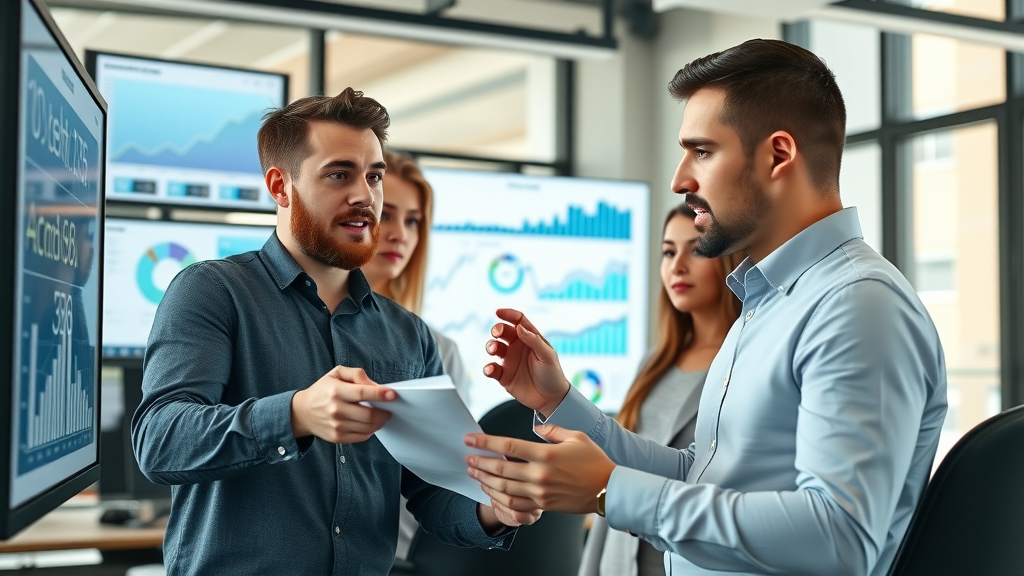 Dynamic digital marketing professionals analyzing website statistics in a modern office with growth charts - link building and content marketing