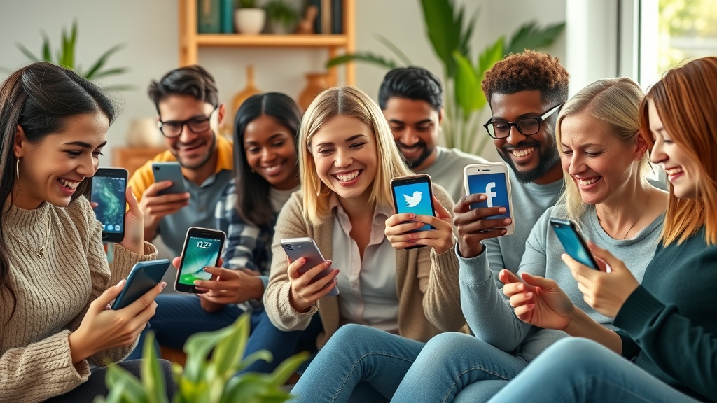 realistic collage of smartphone screens, diverse users engaging across top media platforms, highlighting active users and monthly engagement - social media platforms
