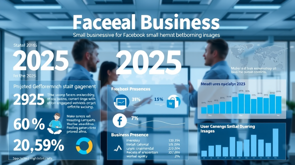 Infographic of small business growth on Facebook in 2025, showing dynamic statistics and business engagement, modern office, entrepreneurs, digital charts