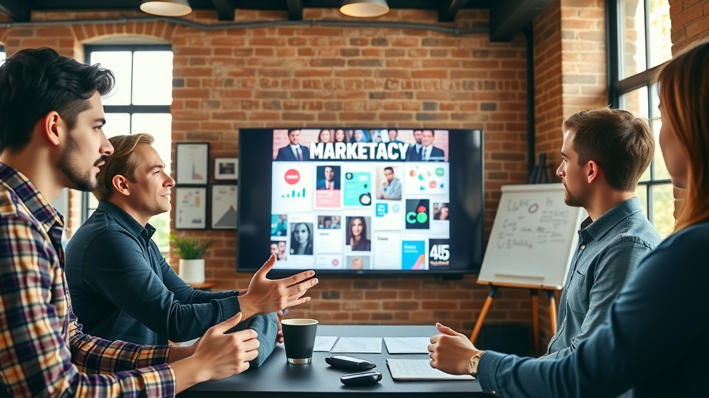 Inspired marketing team brainstorming AI-generated campaign ideas, small business ai solutions, creative office