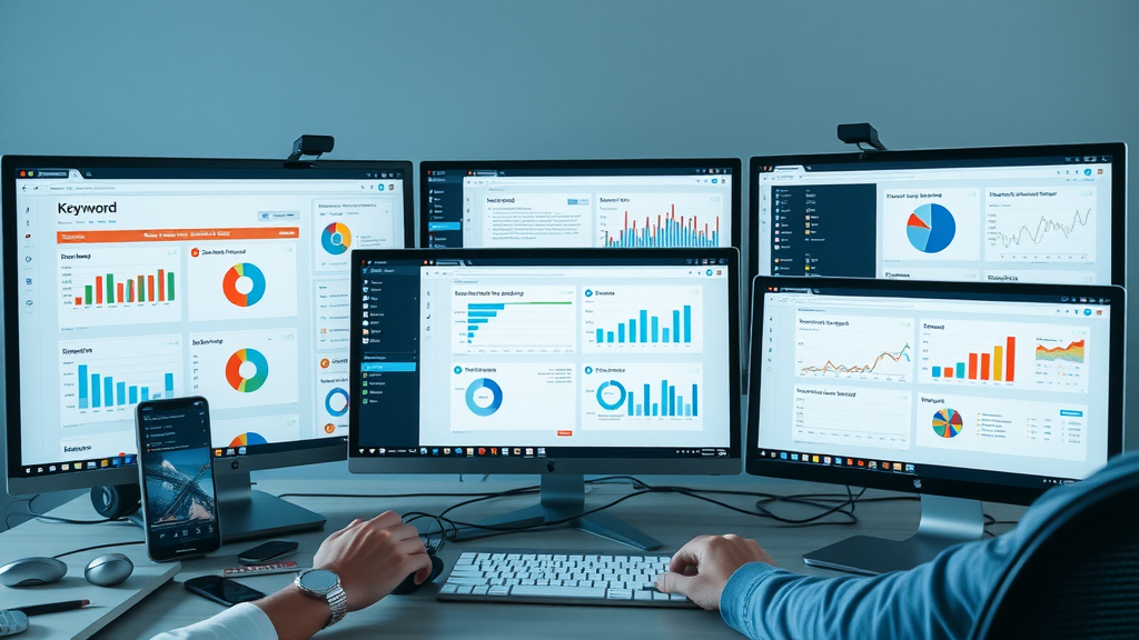 Modern workspace with multiple keyword research tools for SEO on display