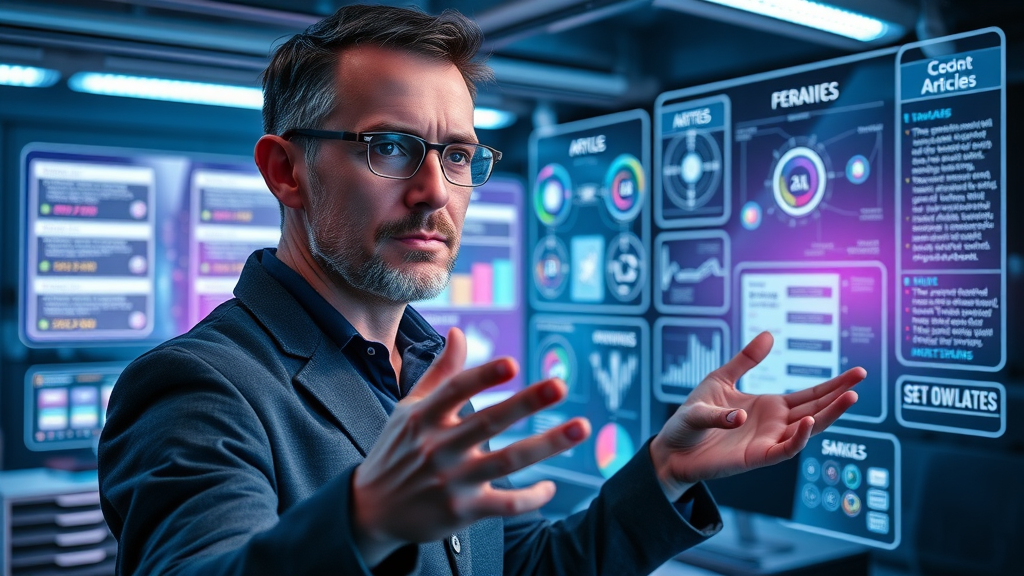Visionary strategist mapping high-value content ideas with holographic screens - quality content and link building techniques