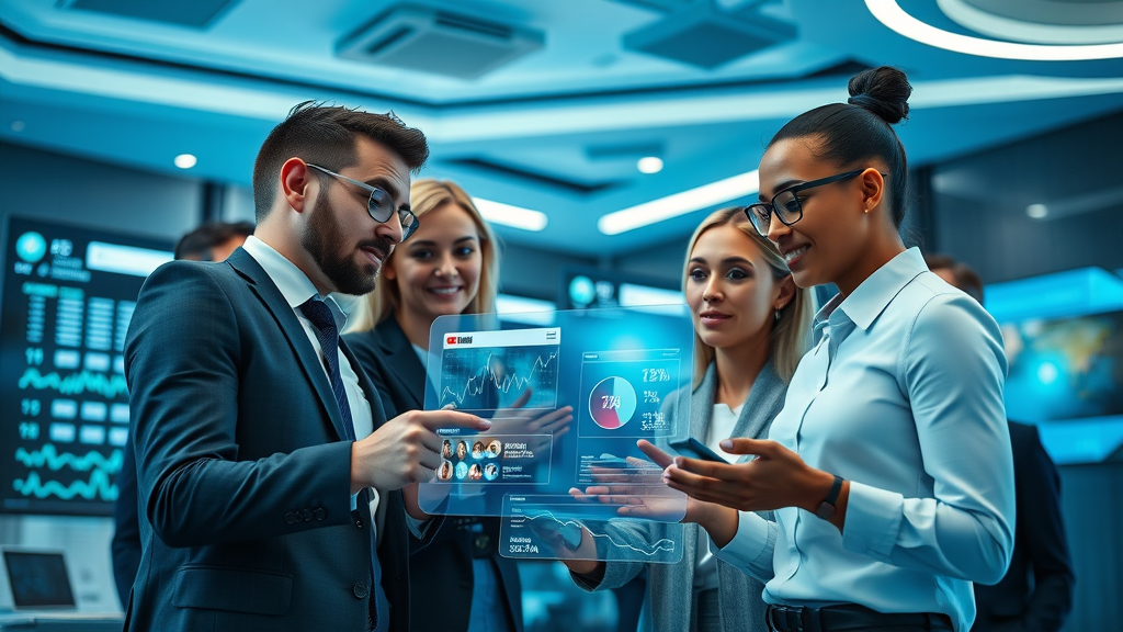 diverse marketers collaborating analyzing influencer marketing campaigns with YouTube analytics on digital screens, professional environment