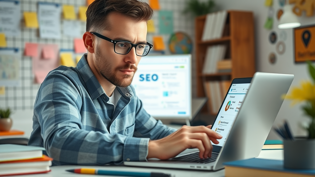 seo content writing marketer researching keywords on laptop for blog post