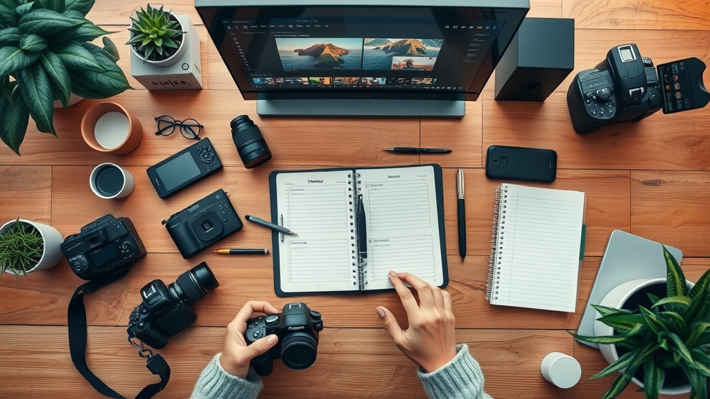 youtube channel organized workspace flat lay with creative tools for YouTube brand promotion