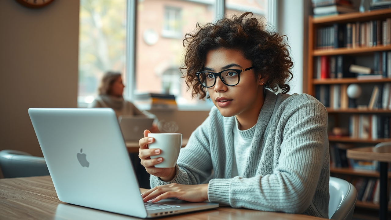 Marketing student researching low competition SEO keywords using free keyword research tools in a café
