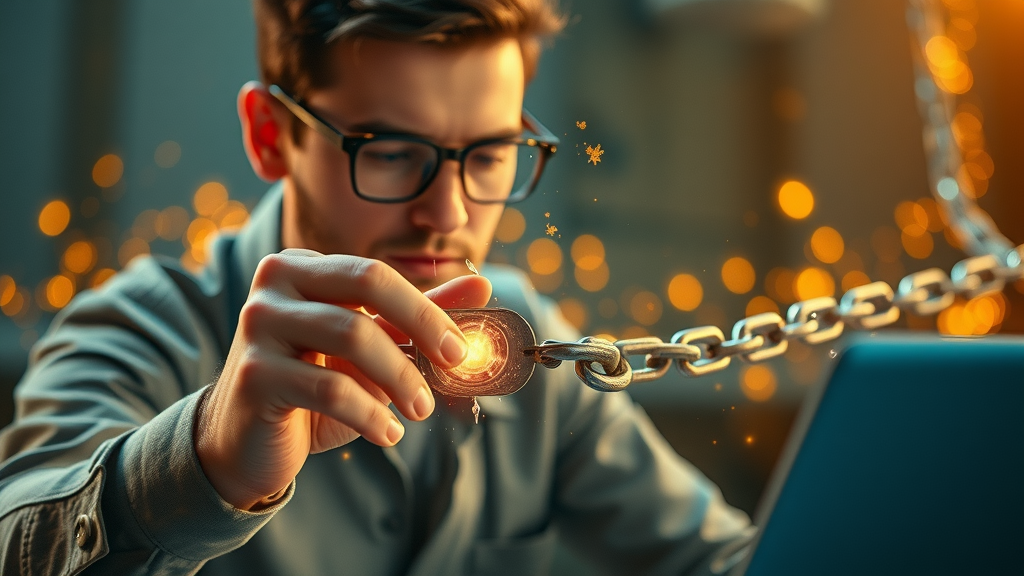 Diligent SEO specialist repairing broken website links with magical light - fixing broken links in SEO