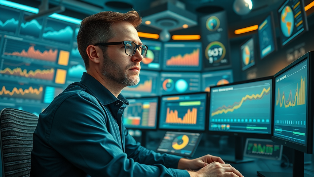 Digital marketing manager monitoring website and SEO metrics on advanced analytics dashboard.