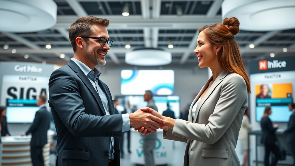 Business professional networking at a digital conference, exchanging a high-quality guest post for off-page SEO authority