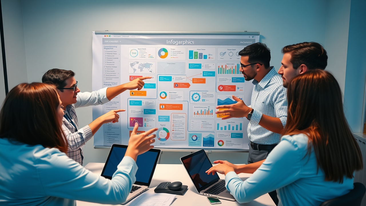 Professionals brainstorming link building strategies using digital flowchart and devices