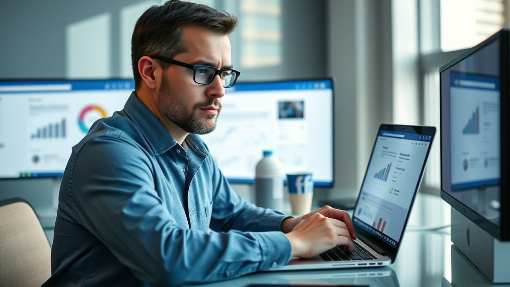 facebook page optimization strategist analyzing facebook page layout, facebook seo icons, page url optimization, facebook search in modern workspace