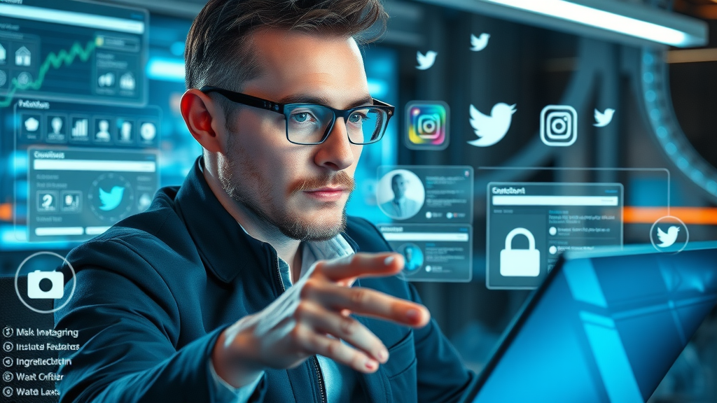 Social media strategist aligning and synchronizing content plan across Facebook, Instagram, and Twitter with futuristic digital dashboards