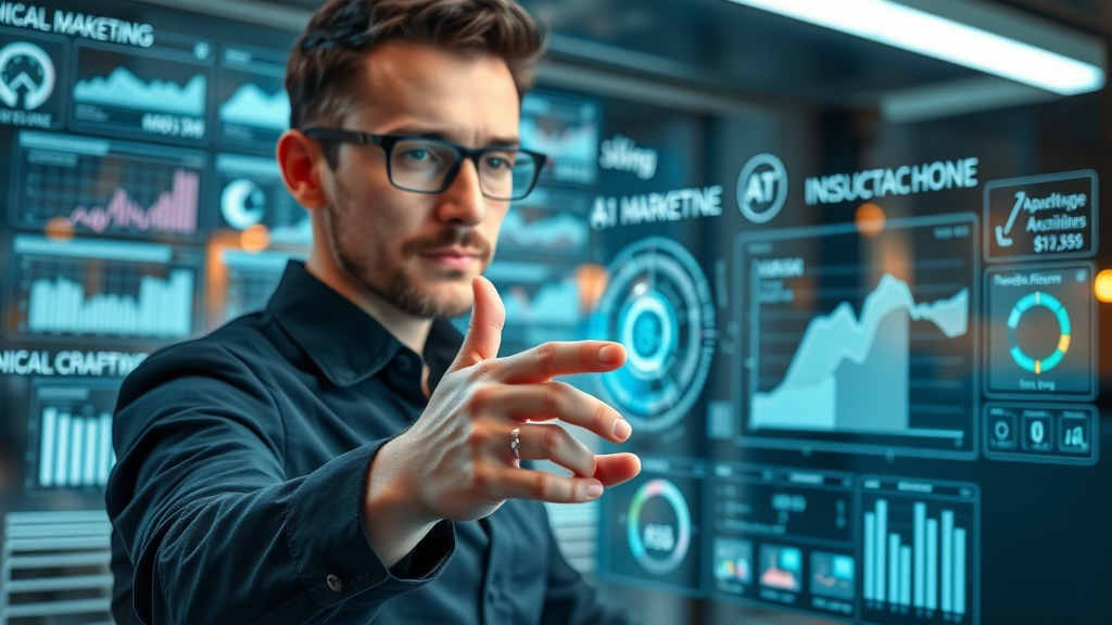 Marketer utilizing futuristic AI technology interface in a marketing office