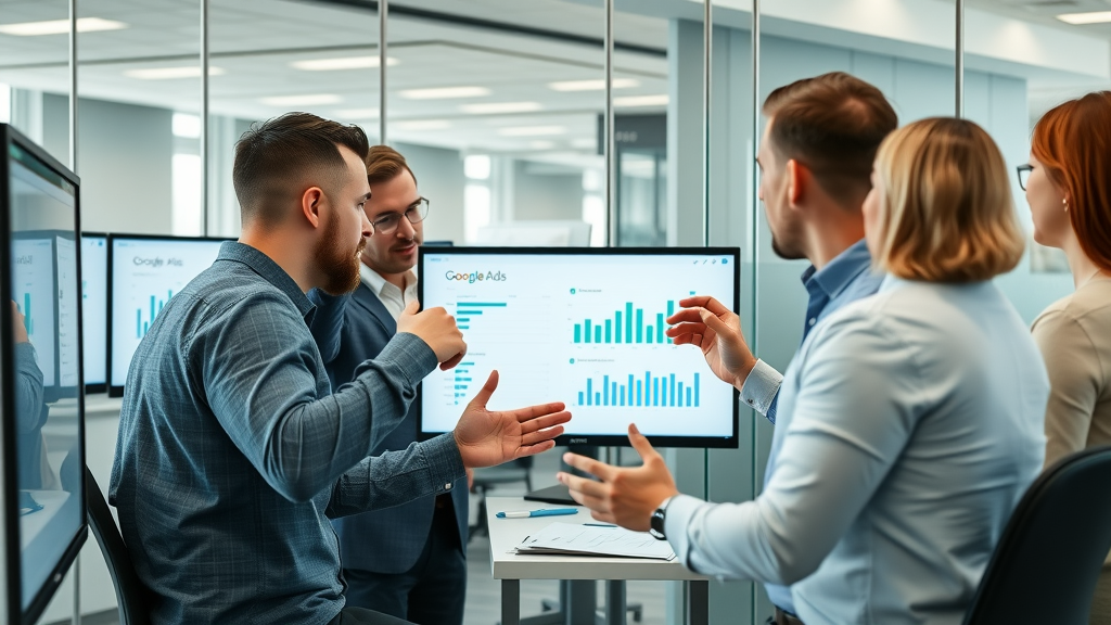 google ads and youtube ads business meeting with professionals analyzing charts and digital displays