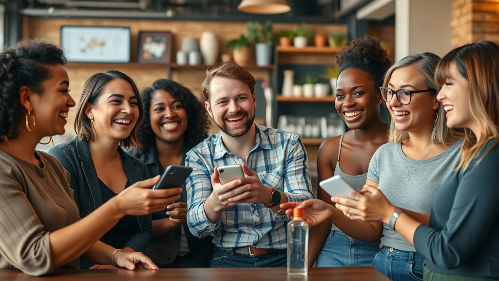Small business owners collaborating with local influencers for Facebook marketing campaign at café, visible branding