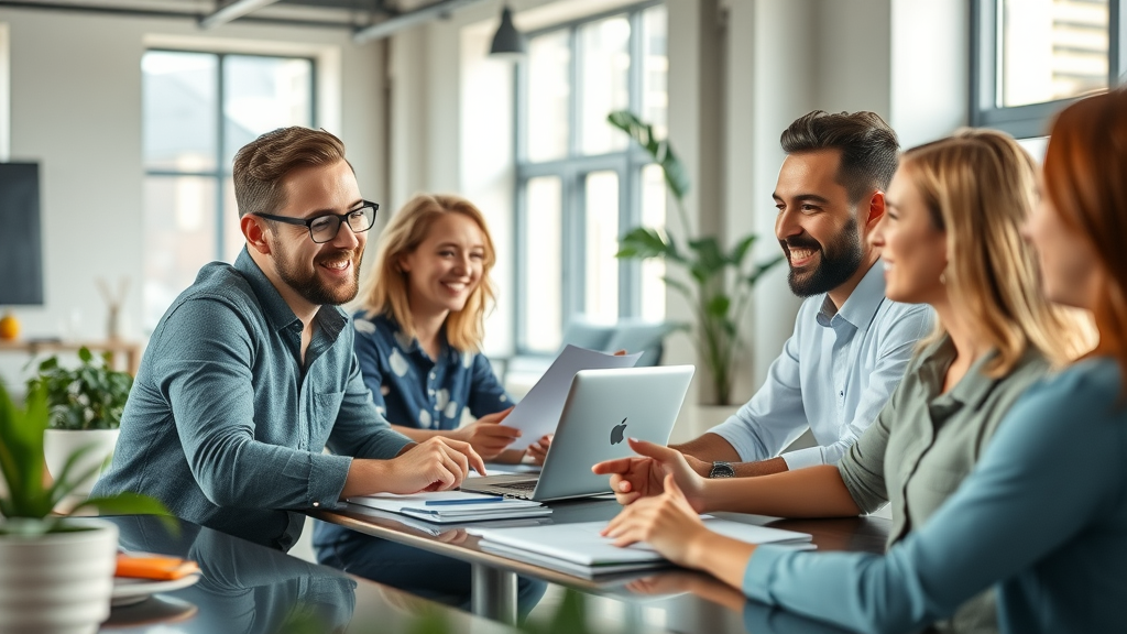 content marketing for small businesses: Inspiring small business workspace, optimistic team, collaborating on content strategy, modern office with branding elements and technology