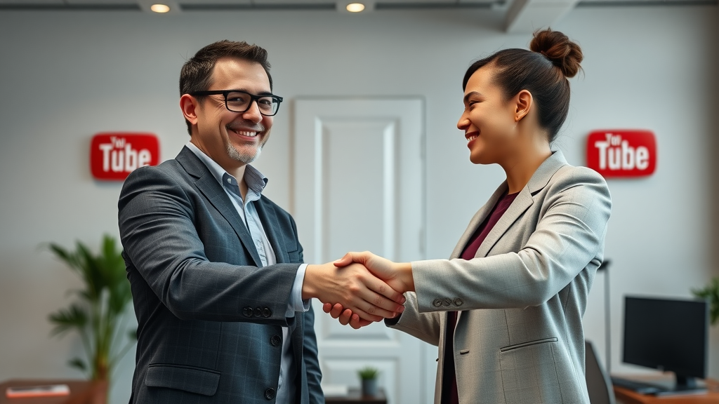 professionals negotiating youtube influencer marketing deal, handshake office setting