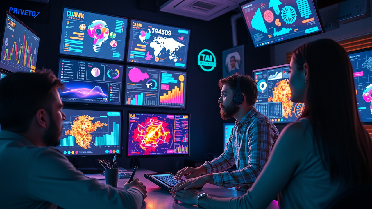 Imaginative creative workspace with designer visualizing ai-generated media content