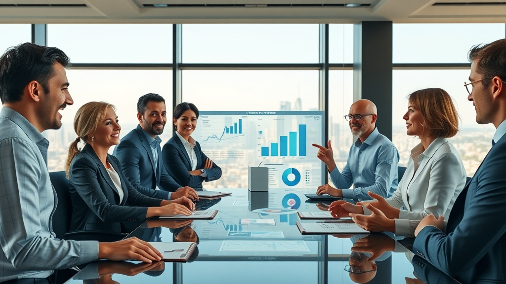 Maximize Advertising ROI - executive marketing team analyzing ROI data with high-tech dashboards and panoramic city views