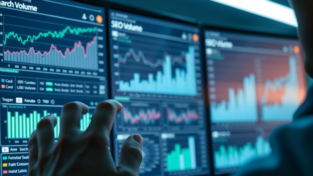 SEO expert analyzing keyword search volume and graphs using a keyword research tool in an office