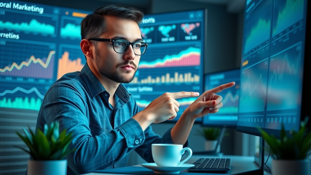 Modern digital dashboard with a small business owner analyzing chatbot analytics for marketing growth, digital screens, data charts, cool LED lighting