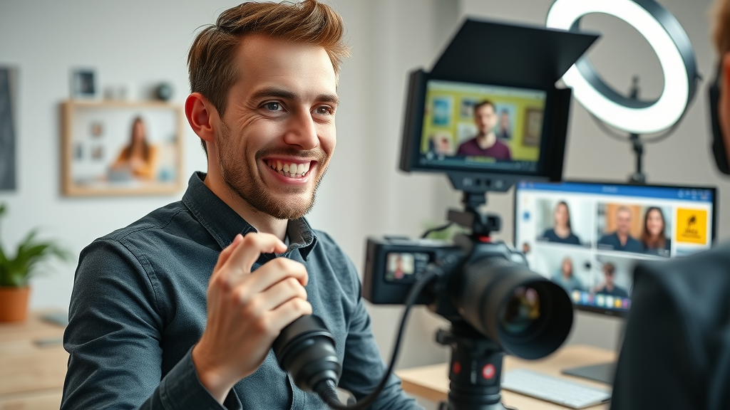 marketer setting up live video for facebook engagement techniques in a modern home office