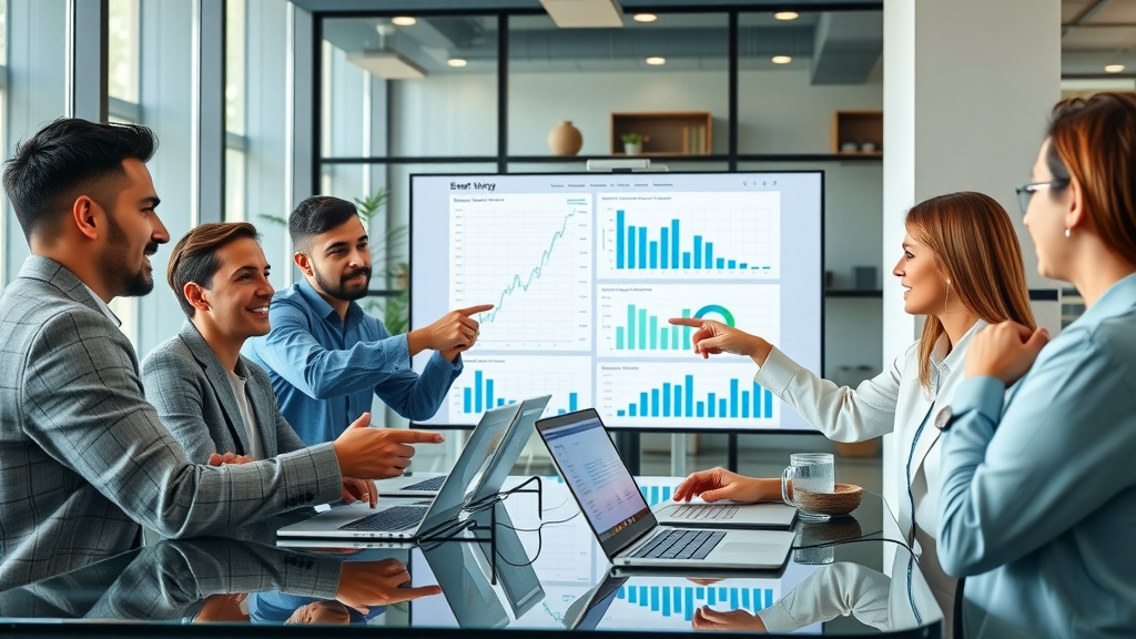 seo copywriting tips marketing analytics meeting modern office with confident professionals analyzing SEO performance metrics