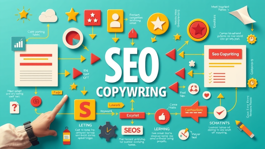seo copywriting tips infographic colorful process flow with keywords, snippets, and meta tags