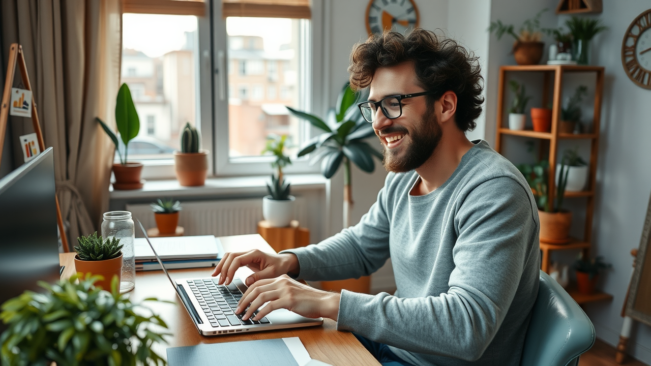 seo content writing freelance writer typing SEO article in cozy apartment