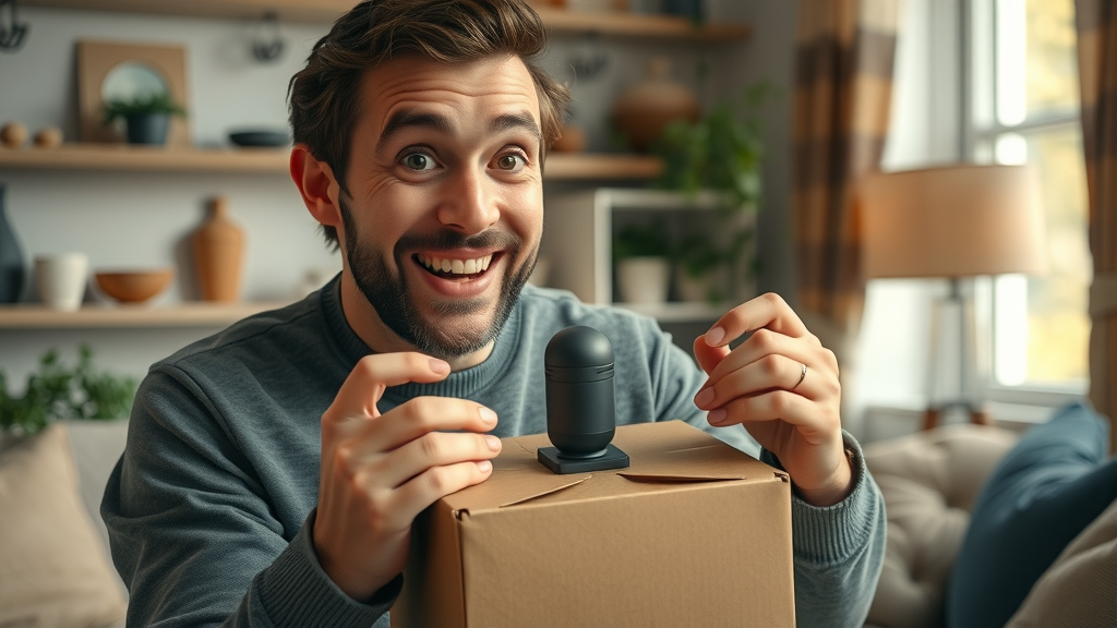 popular youtube creator creating unboxing product review, surprised happy, demonstrating for influencer marketing on youtube