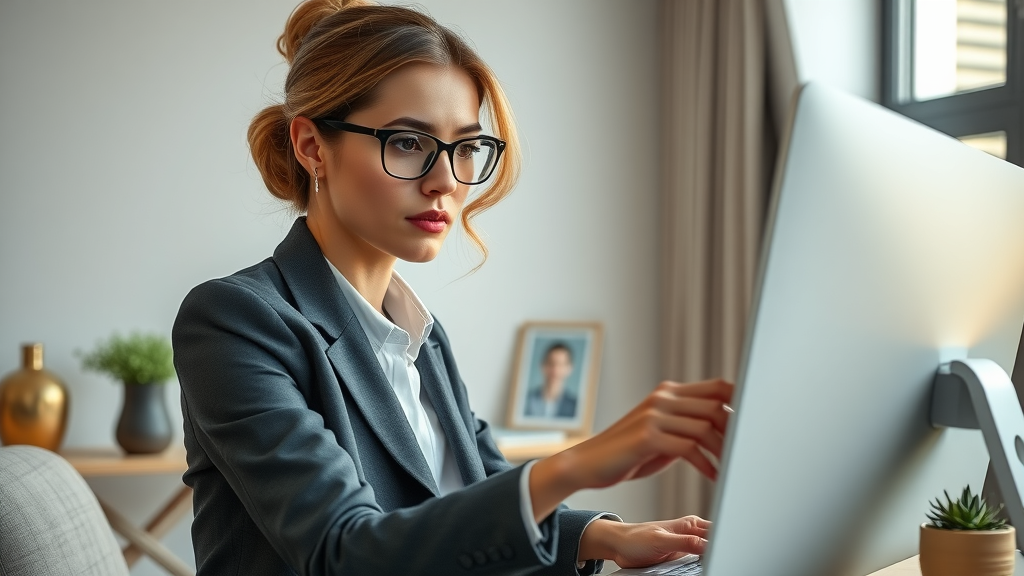professional businesswoman setting up facebook business page on computer, determined, facebook marketing for small business