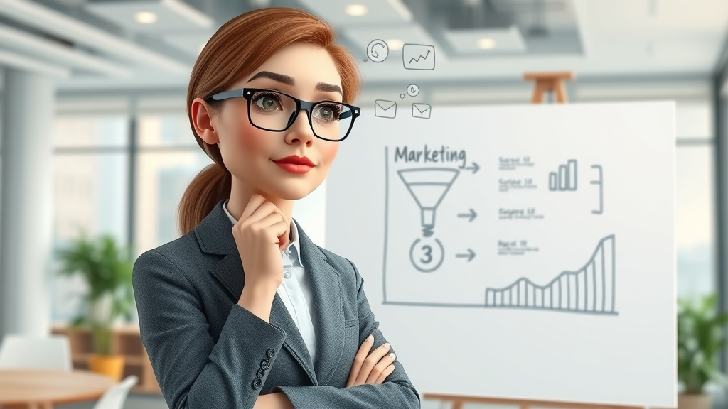 Advertising ROI Measurement - businesswoman drawing marketing funnel on whiteboard, modern icons, digital graphs