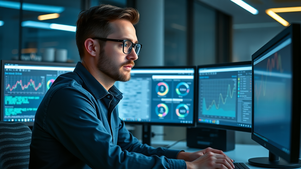 Digital marketer analyzing backlink data on multiple monitors, sleek modern workspace demonstrating advanced off-page SEO strategy