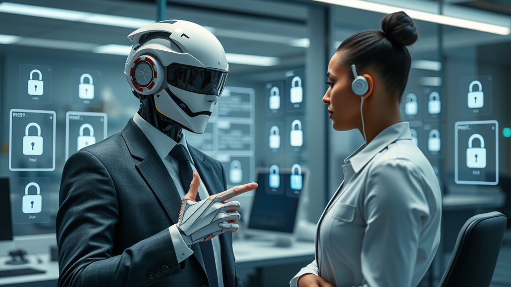 Secure chatbot system with a professional reassuring a client about privacy and safety, modern office, shields and locks for small business security
