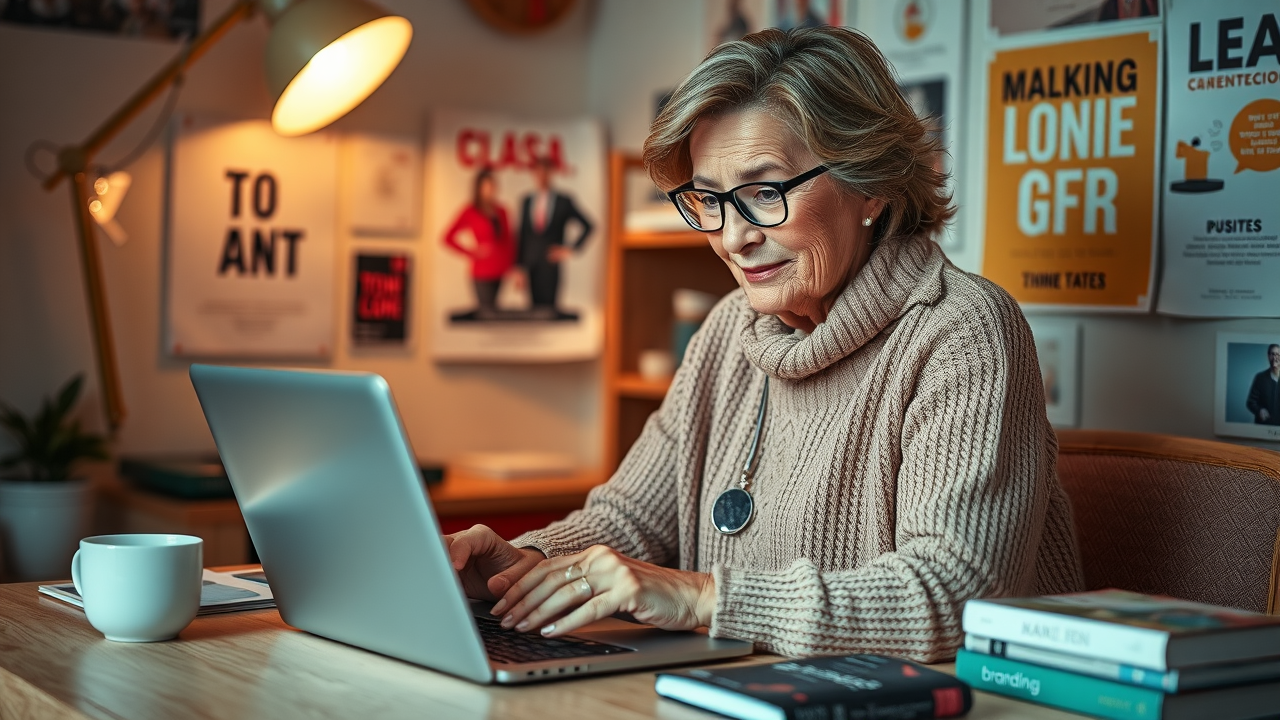 advertising guide for small business - content creator writing a blog in a cozy small office with branding posters, marketing books, and a laptop