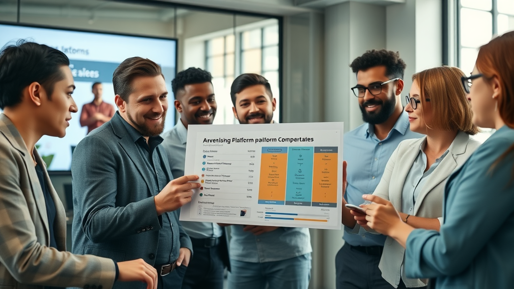 professional marketers reviewing online advertising platform comparison charts
