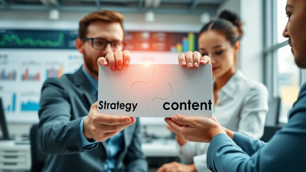 Content Marketing Strategy Synergy - Professionals Connecting Puzzle Pieces of Strategy and Content