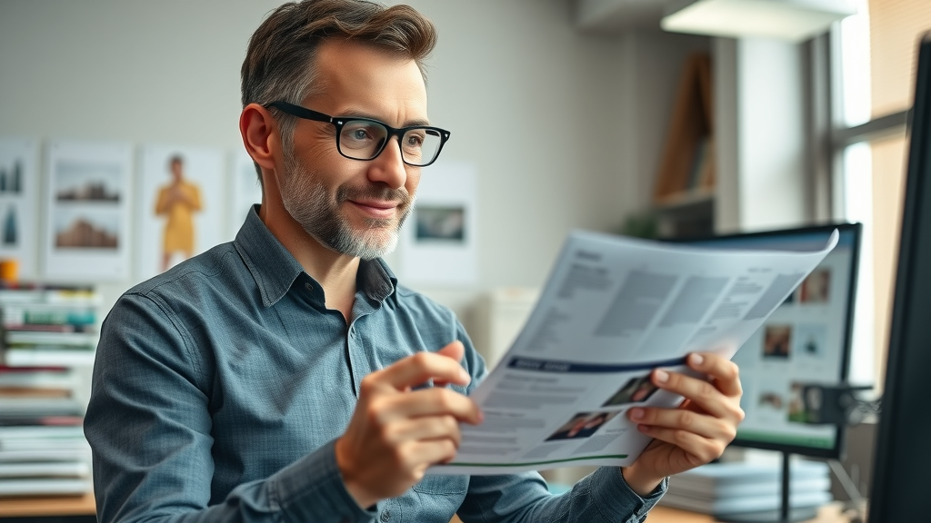 Entrepreneur reviewing advertisement draft for local magazine local market strategy