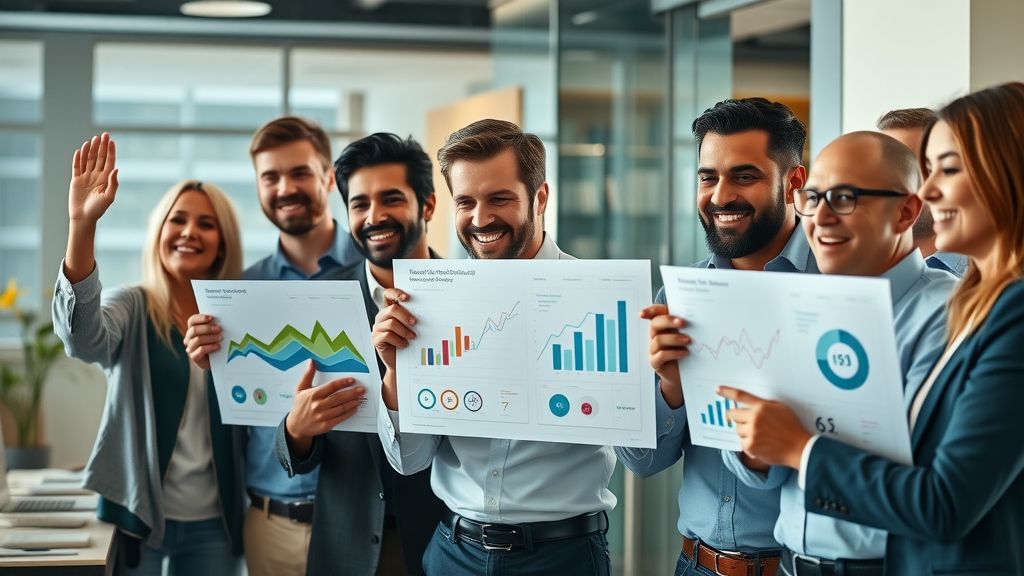 happy business professionals celebrating online advertising platform success
