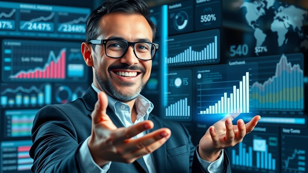 Expert marketer showcasing top SEO and content tools with holographic graphs - reporting analytics for link building and content marketing