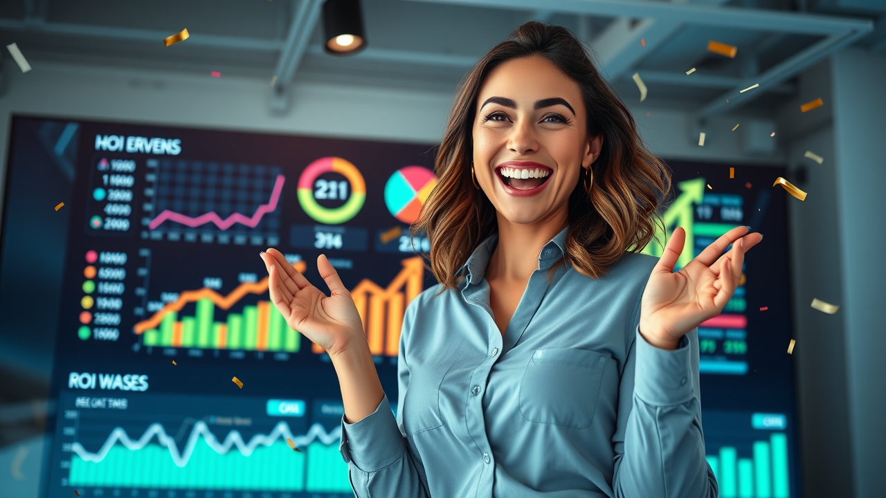 Advertising ROI Key Takeaways - digital marketer showcasing impressive ROI dashboard with visual data and celebratory graphics