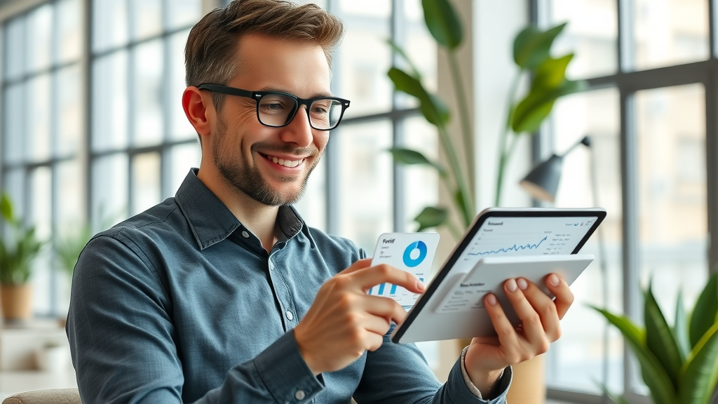 Marketing ROI - optimistic manager reviewing positive ROI on digital tablet in a modern workspace