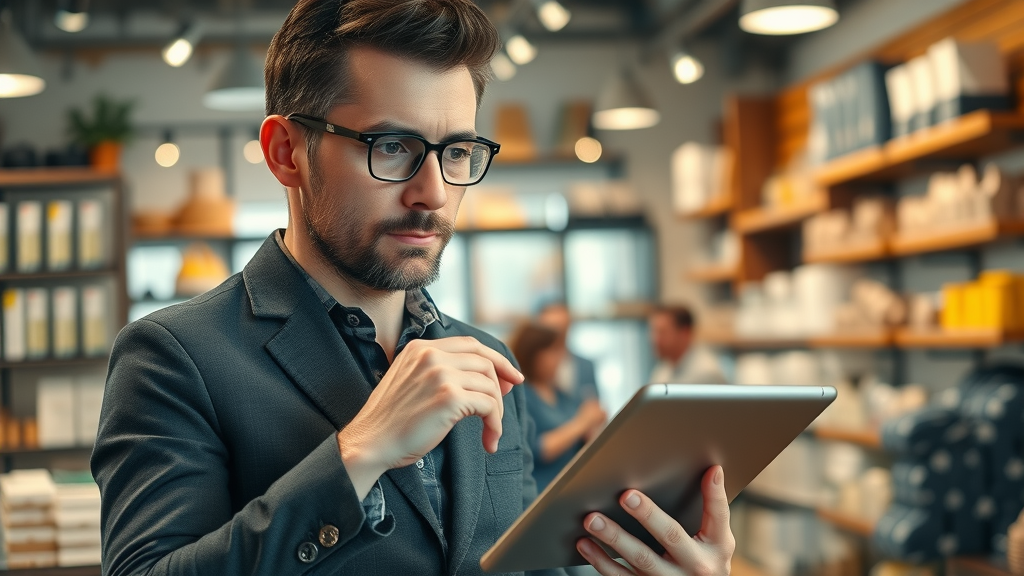 small businesses: Confident small business owner mapping out strategy on a digital tablet, store interior with product displays