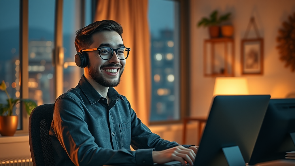 Friendly chatbot avatar assisting small business owner with customer support, cozy night home office, soft lamps, city lights, engaging messages